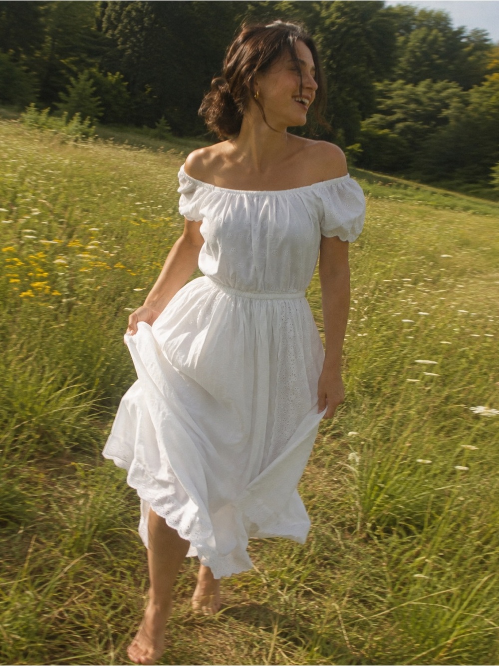 100% Cotton Caslon White Eyelet Cotton Midi Dress Off Shoulder Cottagecore S